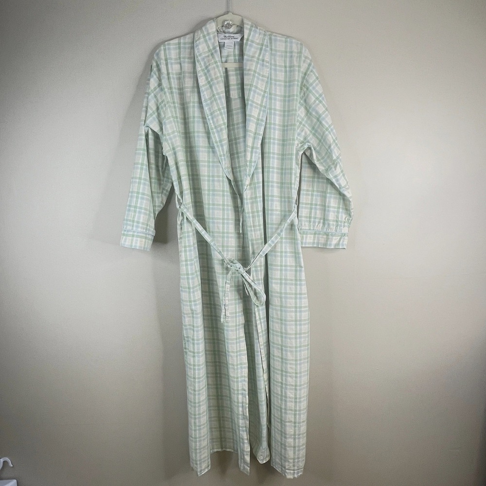 Vermont Country Store Robe Womens Large Plaid Full Length Cotton Belted Comfy